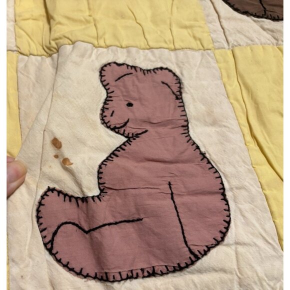 Vintage Handmade Patchwork Baby Quilt Teddy Bears 1940's Damaged READ - Picture 6 of 9